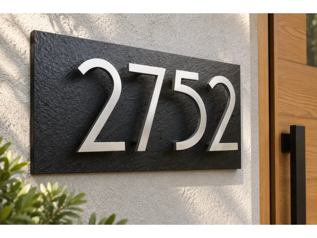 Black slate address sign with floating stainless steel 2752 numbers mounted on a light stucco wall beside a wooden door.