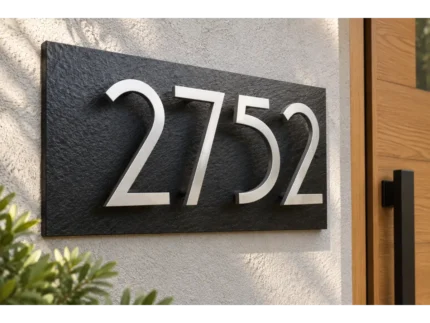 Black slate address sign with floating stainless steel 2752 numbers mounted on a light stucco wall beside a wooden door.