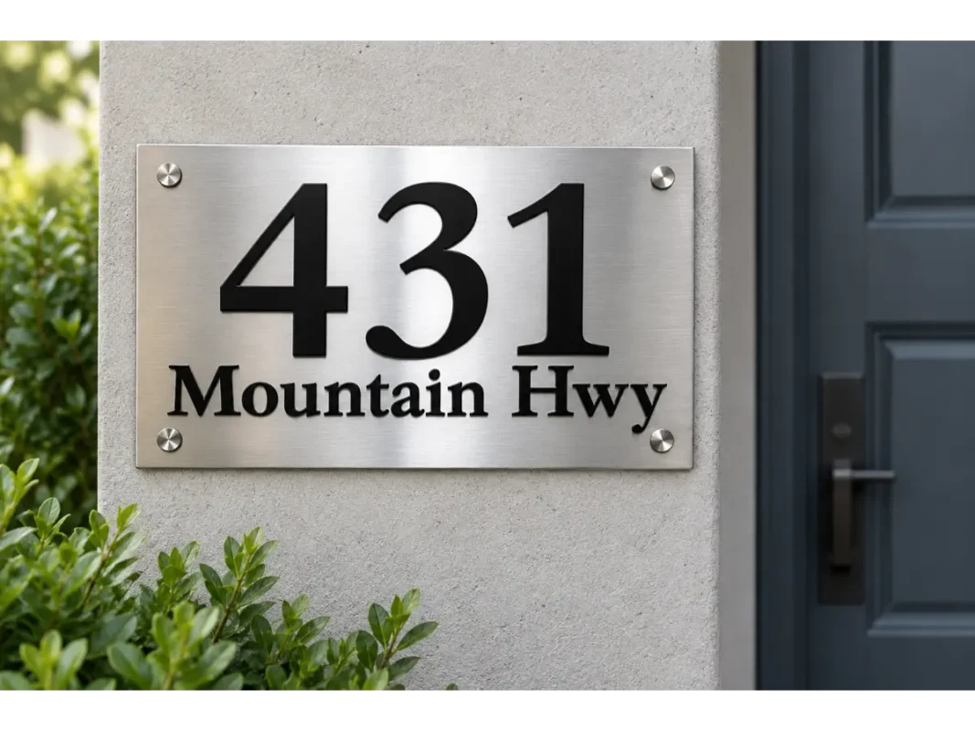 Brushed stainless steel address plaque with raised black 431 numbers and Mountain Hwy lettering beside a blue front door.