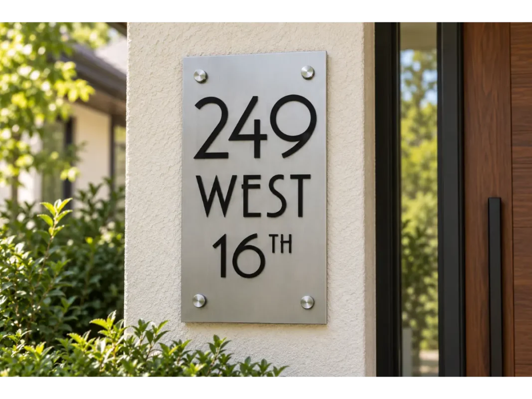 Vertical brushed stainless steel address plaque reading 249 WEST 16TH in black lettering on a cream stucco wall.