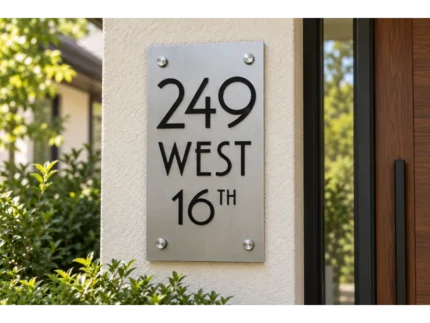 Vertical brushed stainless steel address plaque reading 249 WEST 16TH in black lettering on a cream stucco wall.