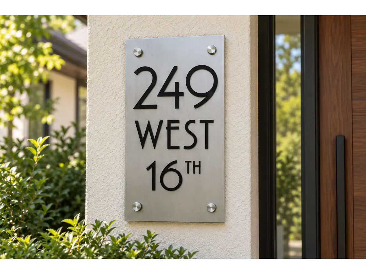 Vertical Stainless Steel Address Plaque – Contemporary Sign 09 Vertical brushed stainless steel address plaque reading 249 WEST 16TH in black lettering on a cream stucco wall.