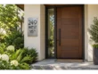 Vertical stainless steel 249 WEST 16TH address plaque beside a wooden front door with a glass sidelight.
