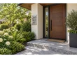 Landscaped home entrance with stone steps, a wooden door and a vertical stainless steel address sign on the left wall.