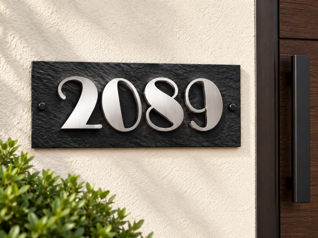 Black slate address plaque with raised silver stainless steel 2089 numbers beside a wooden entrance door.