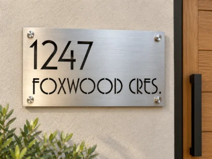 Brushed metal address sign with cut-out 1247 and FOXWOOD CRES. lettering on a stucco wall beside an oak door.