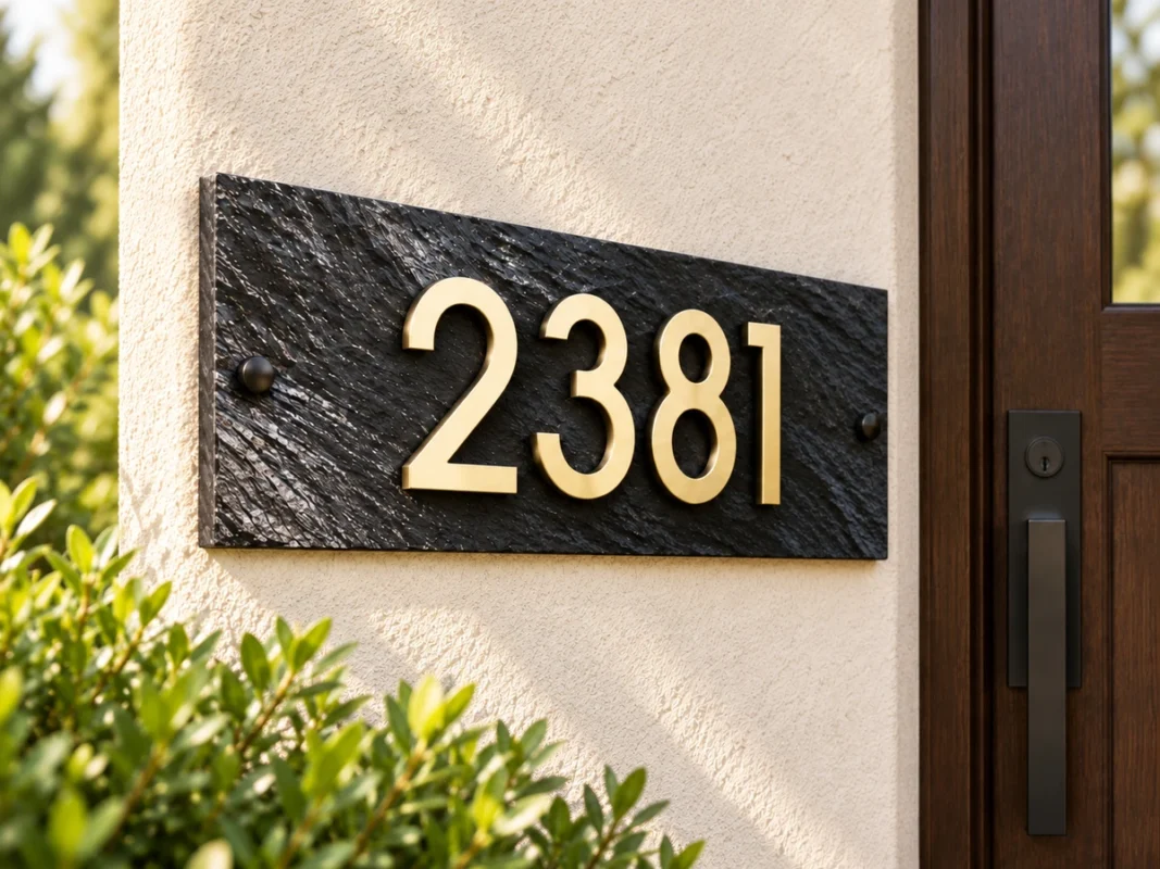 Dark Stone Address Sign with Gold-Coloured Numbers - Dark textured stone address sign with raised gold-coloured 2381 numbers beside a wooden entrance door.