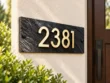 Dark Stone Address Sign with Gold-Coloured Numbers - Dark textured stone address sign with raised gold-coloured 2381 numbers beside a wooden entrance door.