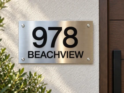 Horizontal Stainless Steel Address Sign - Horizontal brushed stainless steel address sign with black 978 numbers and BEACHVIEW lettering beside a wooden door.