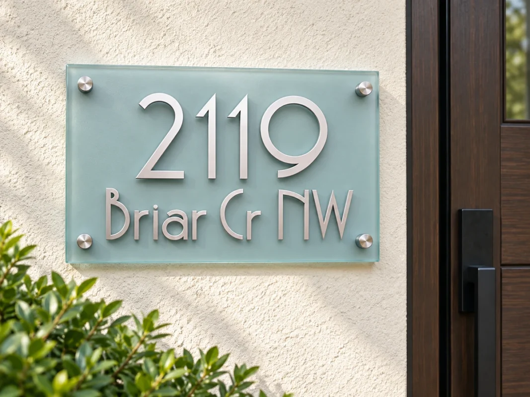 Modern Glass Address Sign - Frosted glass address sign with raised silver 2119 and Briar Cr NW lettering beside a wooden front door.