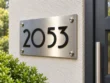 Right angled view of a stainless steel 2053 address sign with raised black numbers beside a charcoal front door.
