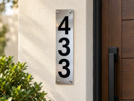 Slim stainless steel house number sign displaying 433 vertically on a cream wall beside a wooden entrance door.