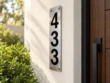 Right-angle view of a vertical stainless steel 433 house number sign beside a dark wooden door and greenery.