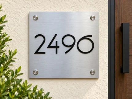 Square brushed stainless steel house number sign with black 2496 numerals on ivory stucco beside a wooden door.
