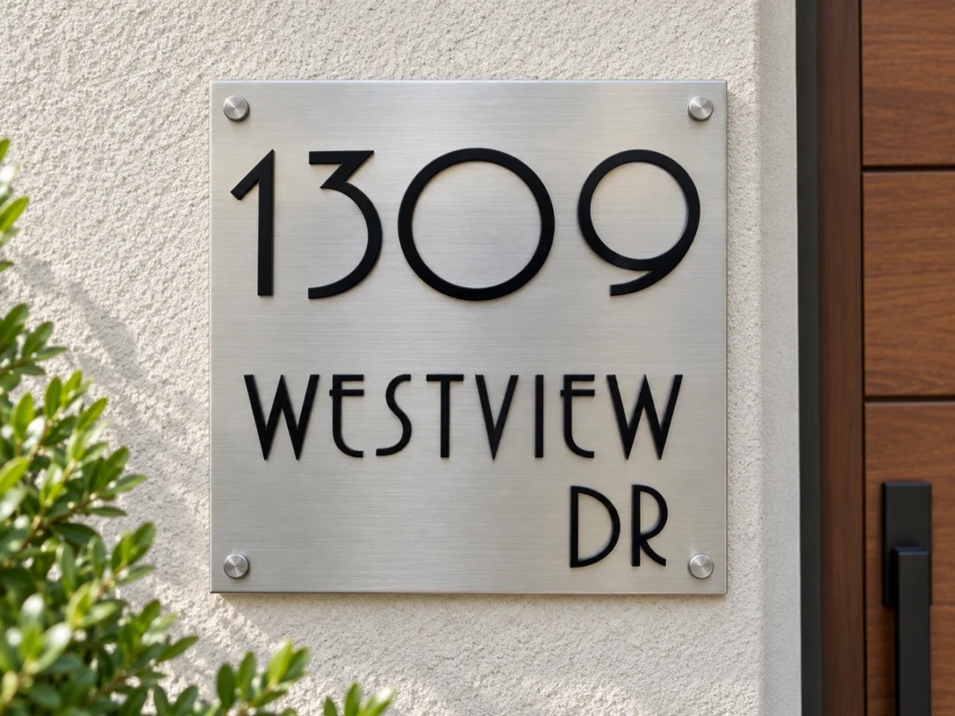 Square Stainless Steel Address Sign with Raised Black Lettering - Square brushed stainless steel address sign with raised black 1309 WESTVIEW DR lettering beside a wooden entrance door.
