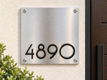 Square Stainless Steel Address Sign with Low-Set Numbers - Square brushed stainless steel address sign with black 4890 numbers positioned near the bottom, beside a wooden door.