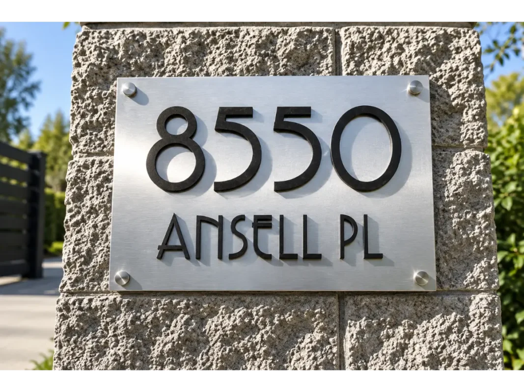 Brushed stainless steel address plaque with raised black 8550 and ANSELL PL lettering mounted on a stone pillar.
