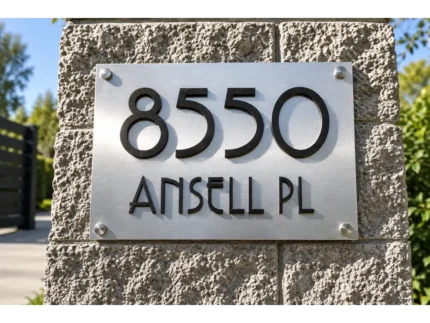 Brushed stainless steel address plaque with raised black 8550 and ANSELL PL lettering mounted on a stone pillar.