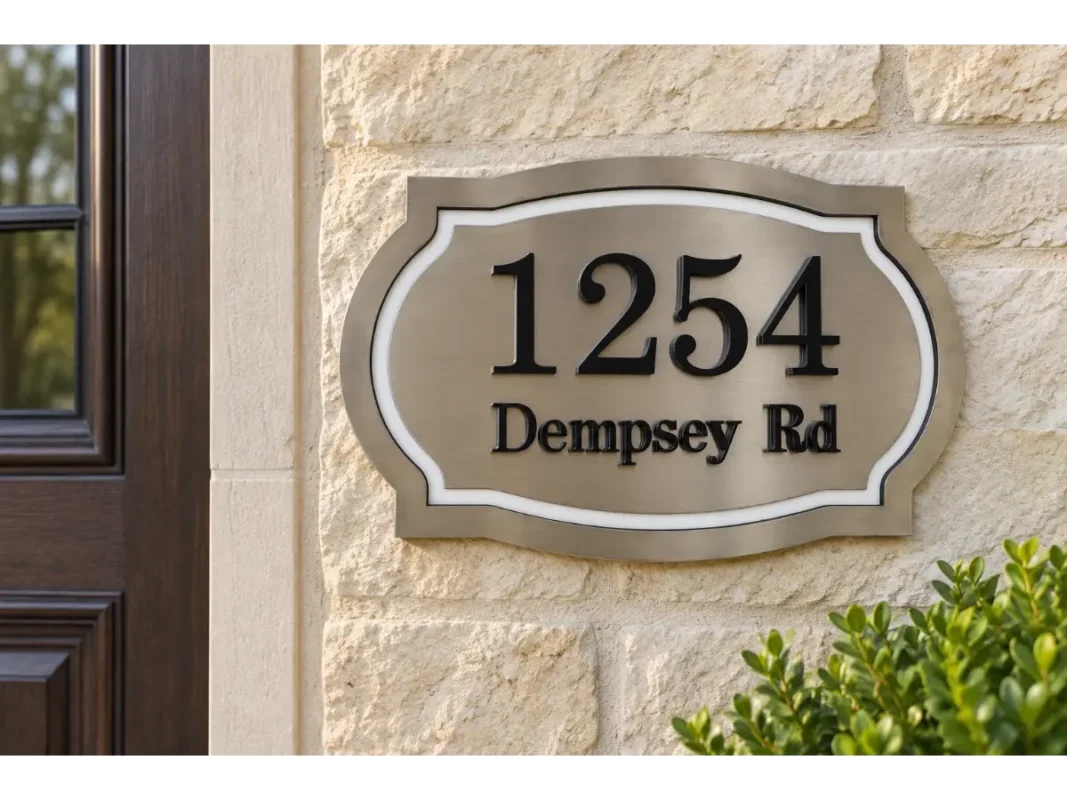Shaped metallic-coloured address plaque with dark 1254 Dempsey Rd lettering and a light decorative inner border