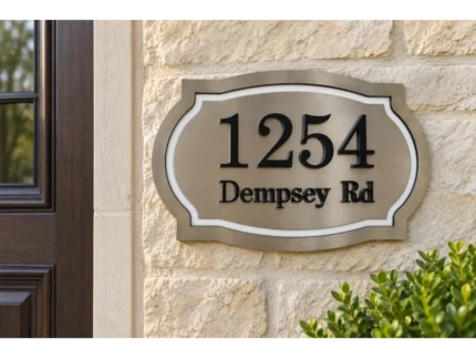 Shaped metallic-coloured address plaque with dark 1254 Dempsey Rd lettering and a light decorative inner border