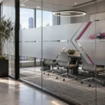 Frosted privacy film mock up on office meeting room glass with clear geometric cut-outs and magenta accents.