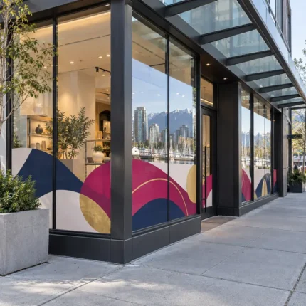 Storefront window graphics mock up with pink, navy and gold geometric designs across the lower glass panels.