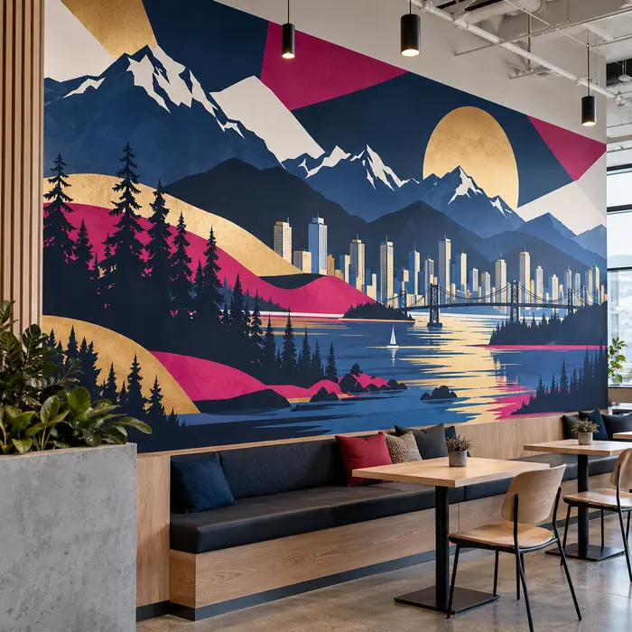 Wall mural mock up in a café featuring mountains, forest, a city skyline and water in navy, magenta and gold tones