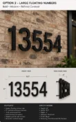 Modern black floating aluminum house numbers 13554 mounted on a brick wall with front and side views showing 10 inch Helvetica MD address numbers and stud mounting details.