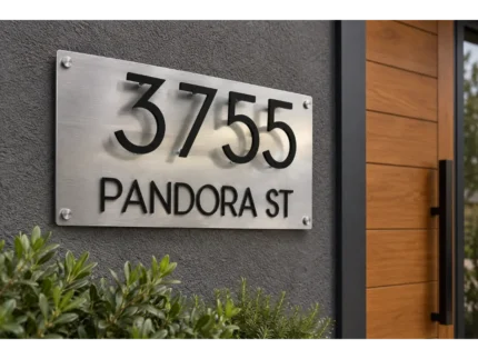 Brushed silver address plaque with floating black 3755 numbers and PANDORA ST lettering beside a wooden entrance door.