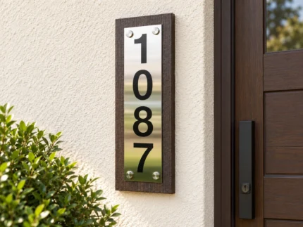 Vertical Stainless Steel Address Sign on Wood Backing - Vertical stainless steel address sign with black 1087 numbers on dark wood backing beside a wooden entrance door.