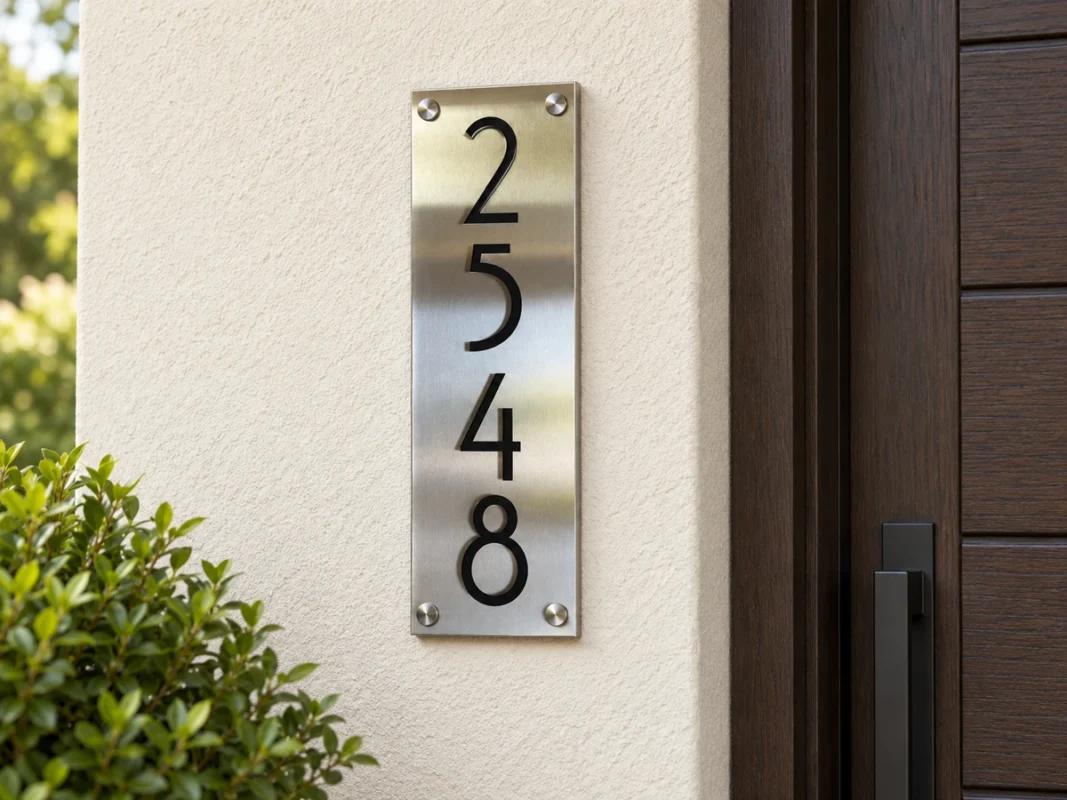 Vertical Brushed Stainless Steel Number Plaque - Vertical brushed stainless steel plaque displaying black 2548 numbers beside a wooden entrance door.