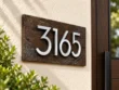 Right-angle view of a brown slate sign with silver aluminium 3165 numbers on a cream wall beside greenery.