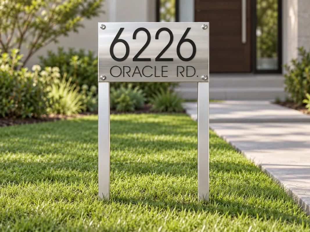 Freestanding stainless steel lawn address sign displaying 6226 Oracle Rd. in black lettering beside a front walkway.