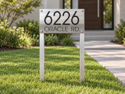 Freestanding stainless steel lawn address sign displaying 6226 Oracle Rd. in black lettering beside a front walkway.