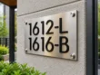Right-angle view of a stainless steel laneway and basement address plaque with raised black 1612-L and 1616-B lettering.