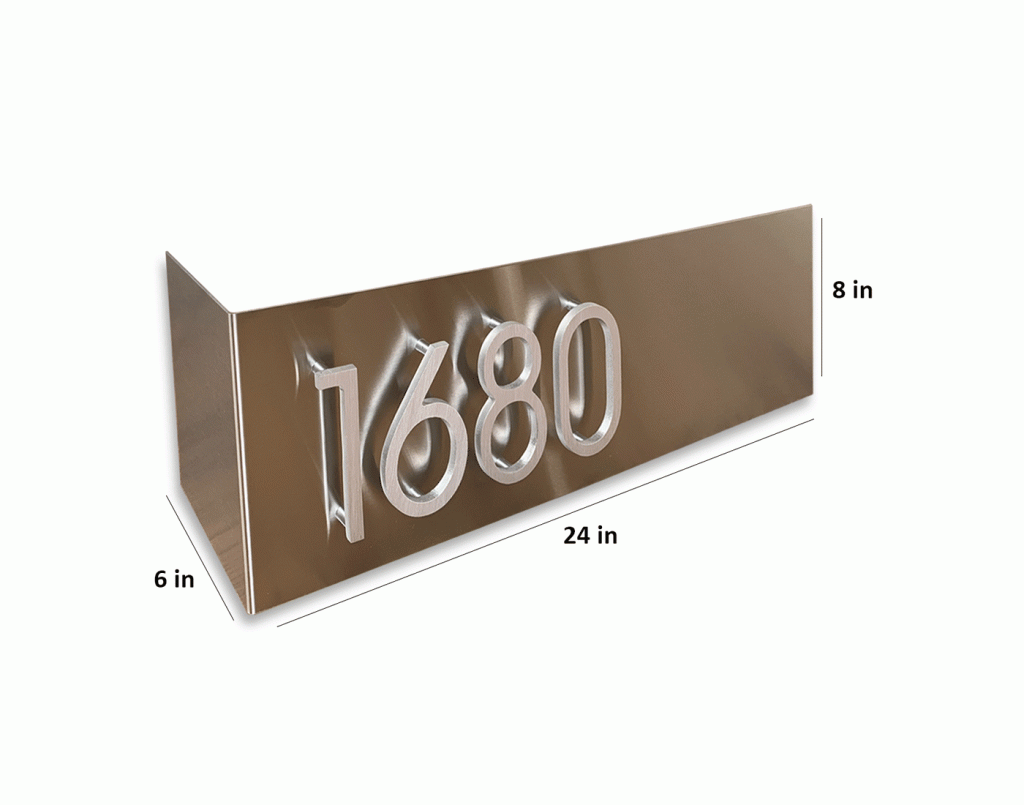 Bent stainless steel corner address sign with raised brushed silver numbers
