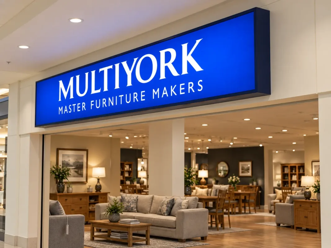 Alternate angled view of the Multiyork indoor light box sign showing its dark cabinet profile, blue face, and white lettering.