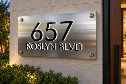 Close-up of a brushed silver address plaque with black “657 Roslyn Blvd” lettering and white halo lighting.