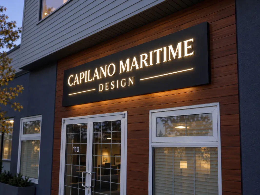 Angled detail of the Capilano Maritime Design push through light box sign showing raised illuminated letters and a dark rectangular cabinet.