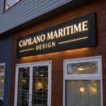 Angled detail of the Capilano Maritime Design push through light box sign showing raised illuminated letters and a dark rectangular cabinet.