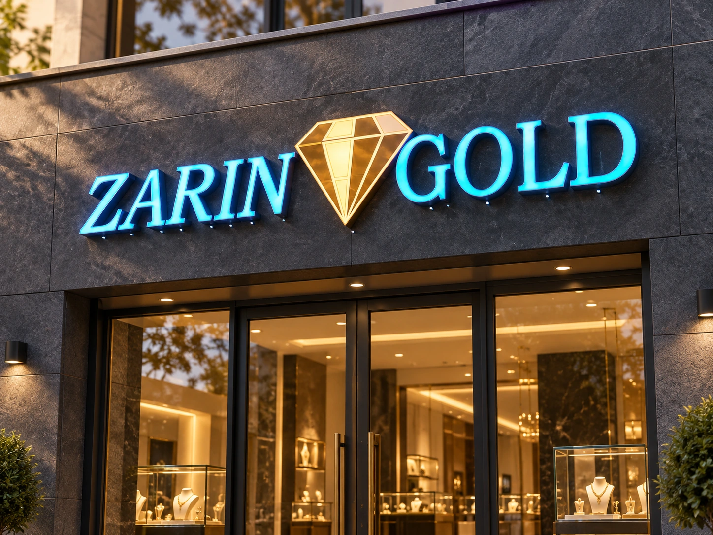 01-Main Zarin Gold storefront sign with turquoise illuminated letters and a gold diamond logo above a glass jewellery shop entrance.