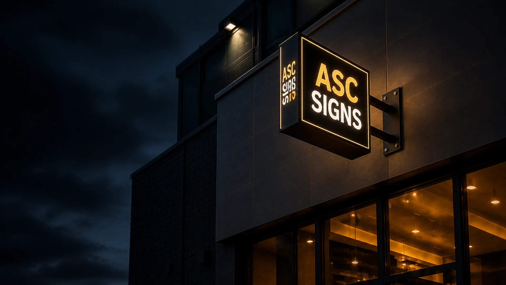 Illuminated double-sided blade sign projecting from a Vancouver storefront