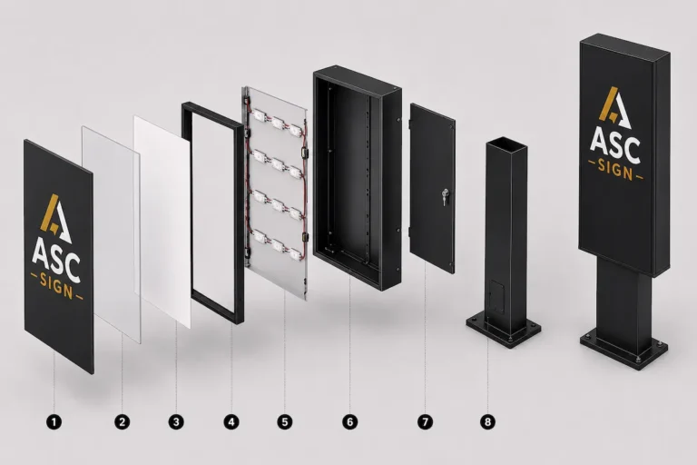 Exploded view of illuminated pylon signs showing face panel, protective cover, diffuser panel, frame, LED modules, sign cabinet, access door, support column, and completed pylon sign assembly.