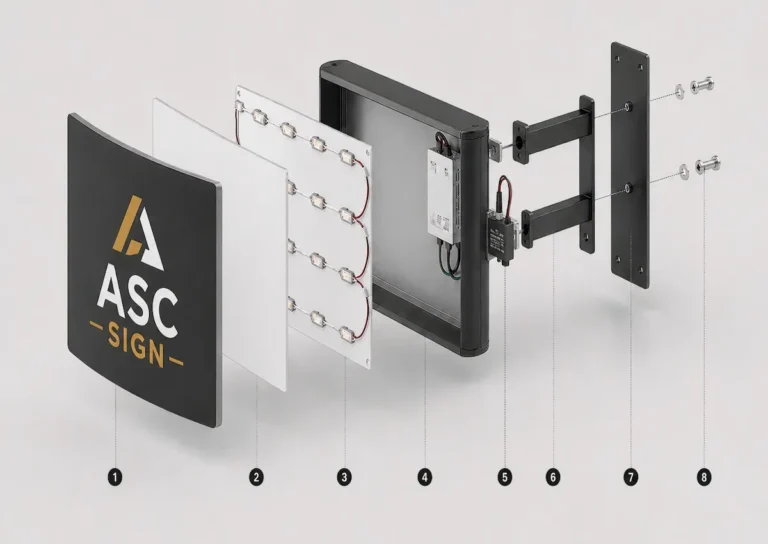 Exploded view of illuminated blade signs showing face panel, diffuser panel, LED modules, sign cabinet, power supply, electrical controller, wall plate, and anchor bolts used in commercial blade sign construction.
