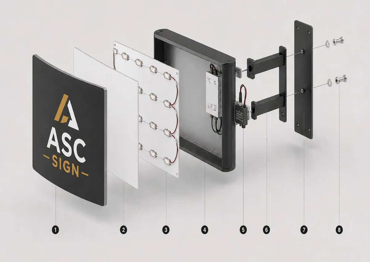 Exploded blade sign cabinet, faces, LEDs, bracket and anchors