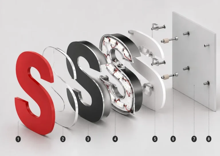 Exploded view of a channel letter sign showing acrylic face, trim cap, aluminum returns, LED modules, wiring, mounting hardware, standoffs, and back panel.