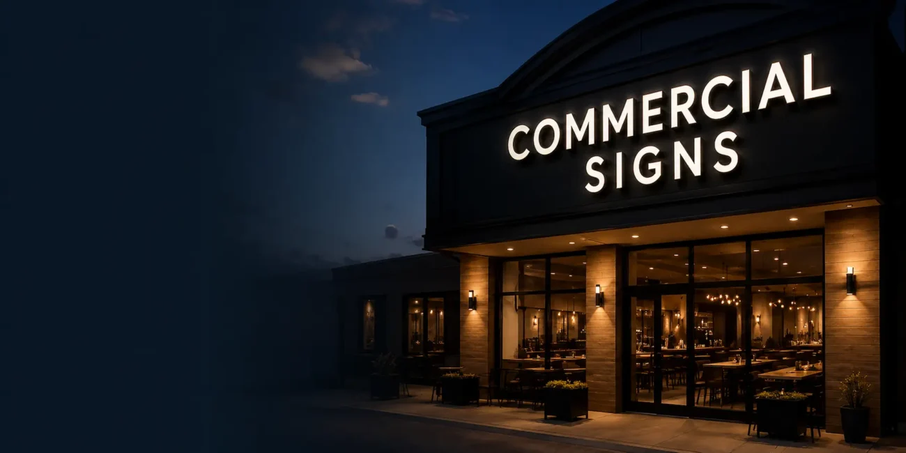 Commercial storefront signage illuminated on a modern retail building, showcasing custom commercial signs for businesses in Metro Vancouver.