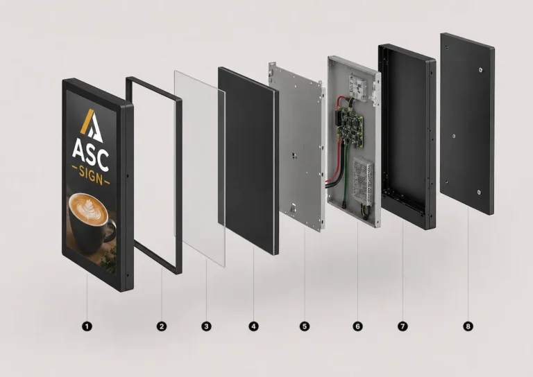 Exploded view of digital signs showing display screen, protective glass, mounting frame, internal display panel, structural chassis, media controller, display cabinet, and rear access panel used in commercial digital signage systems.