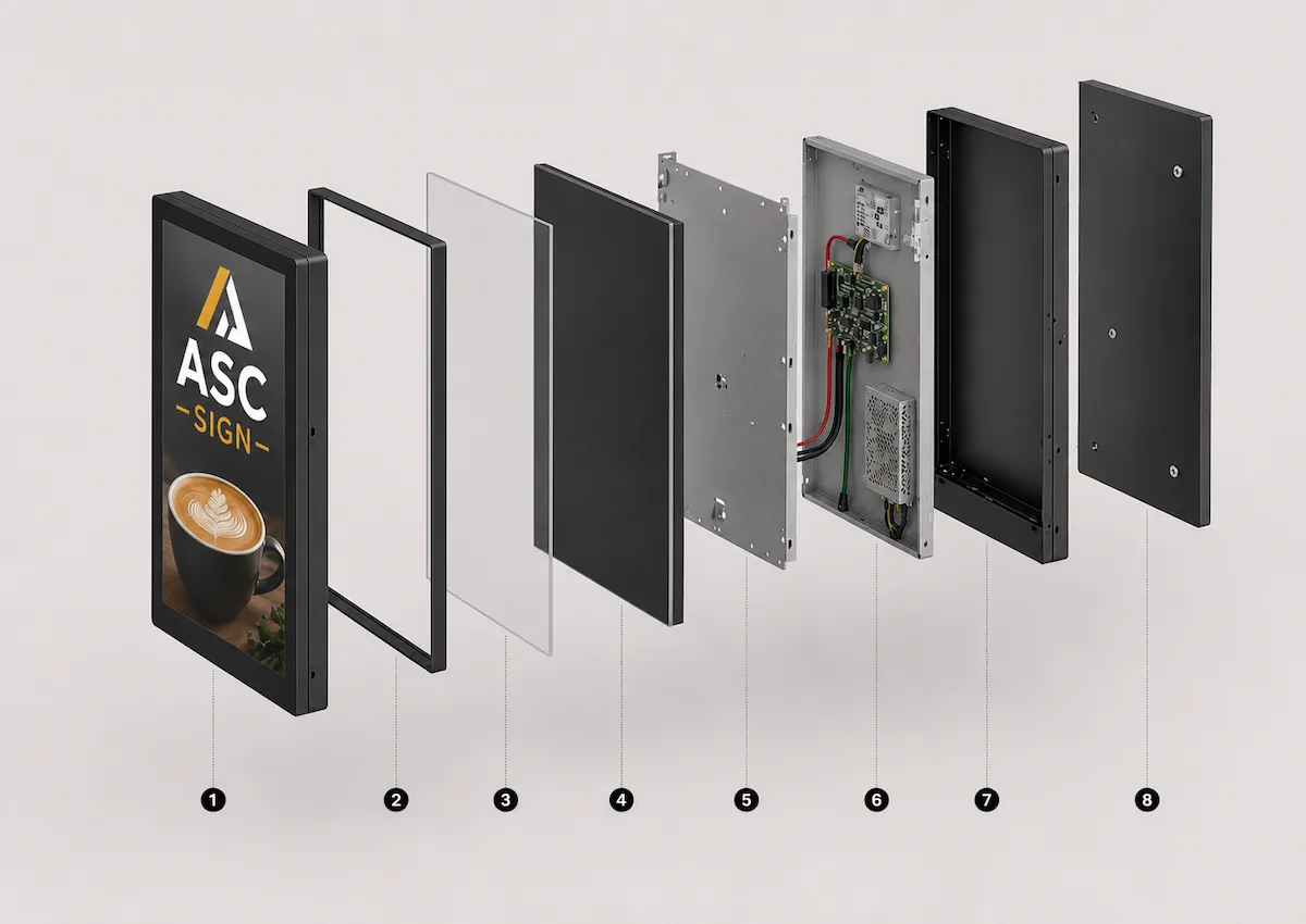 Exploded digital sign display, enclosure, controller and mounting