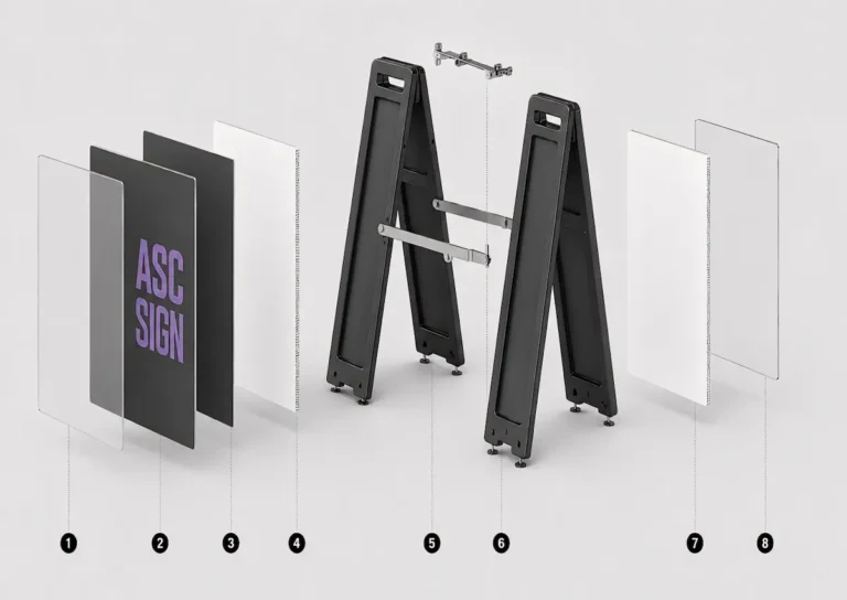 Exploded isometric view of sandwich boards in Vancouver showing protective covers, graphic panels, corrugated inserts, HDPE frame panels, locking brace, top hinge assembly, and back graphic components.